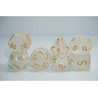 A Role Playing Dice Set: Sparkling white with pink shimmer and golden numbers