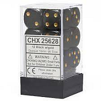 Chessex 12 Black/Gold Opaque 16mm d6 (CHX 25628)