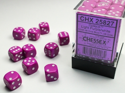 Chessex Opaque: 36 tärningar (12 mm) - Ljuslila med vita prickar (CHX25827)_boxshot