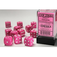 Chessex Opaque: 12 tärningar (16 mm) - Rosa med vita prickar (CHX 25644)