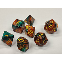 A Role Playing Dice Set: Red/Green Marble with golden numbers