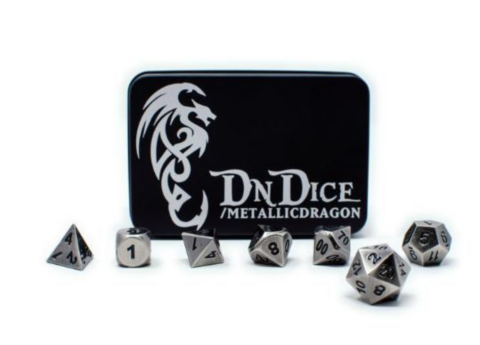 DnDice Solid Zink: Brushed Silver Metallic Dragon_boxshot
