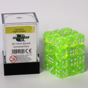 Blackfire Dice Cube – 12mm D6 36 Dice Set – Transparent Light Green_boxshot