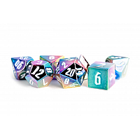 16mm Aluminum Plated Acrylic Poly Dice Set: Rainbow Aegis w/ White Numbers